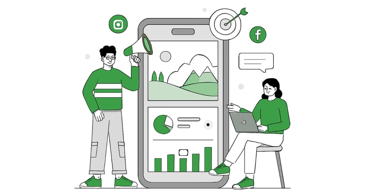 Illustration of a man with a megaphone and a woman with a laptop beside a smartphone displaying digital marketing analytics and social media icons 