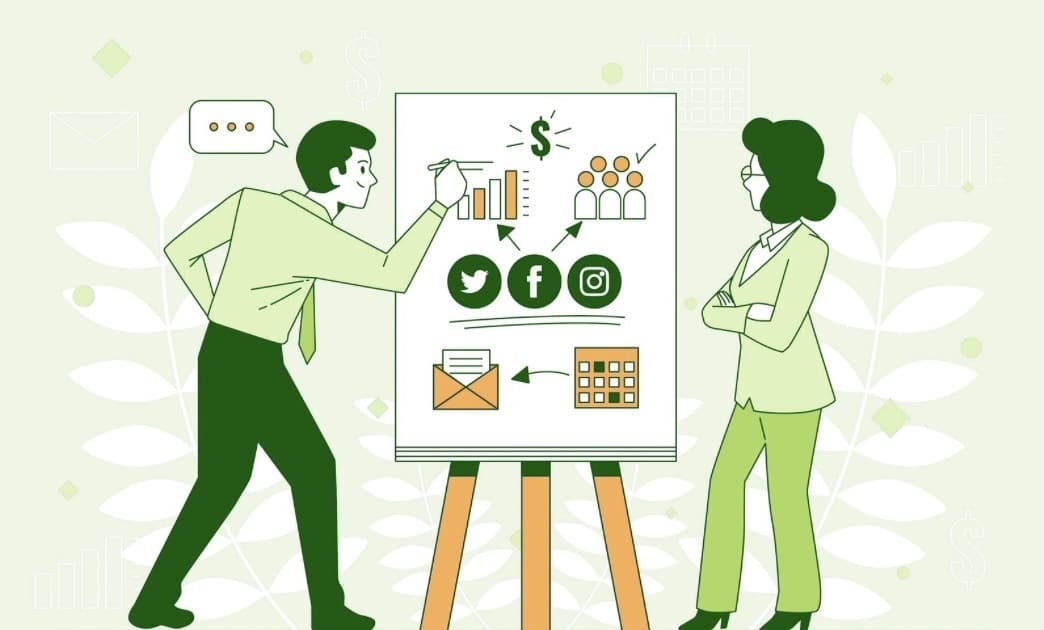 Illustration of a professional presenting a digital marketing client pitch using charts social media icons email and calendar visuals while discussing strategy with a potential client 