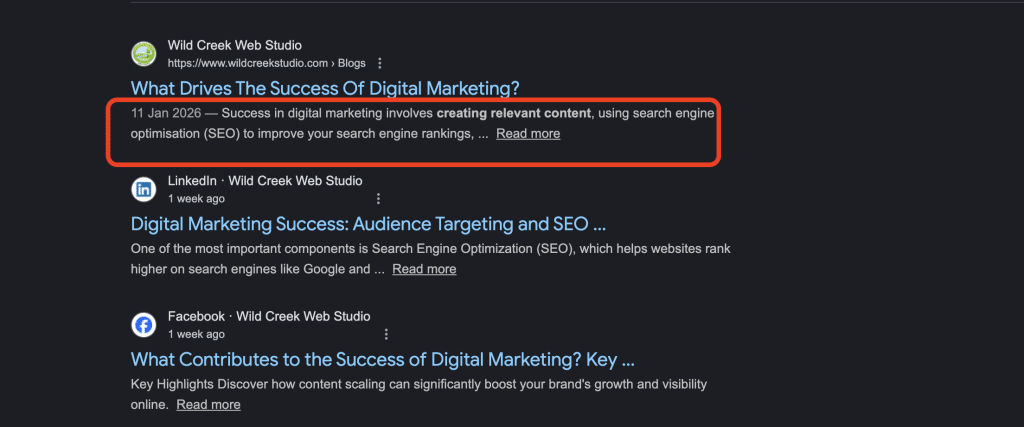 What Are the 15 On-Page SEO Factors You Can’t Miss in 2026? 3 Screenshot showing meta description