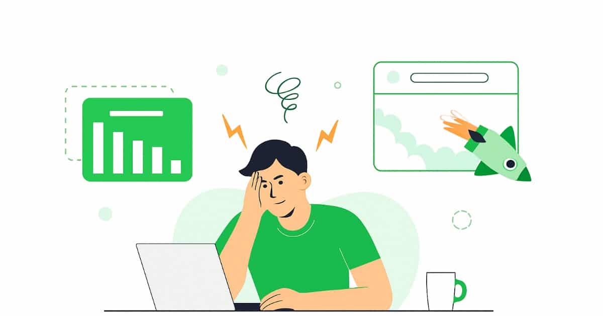Illustration of a frustrated marketer looking at a laptop with analytics charts and a failed campaign graphic in the background 