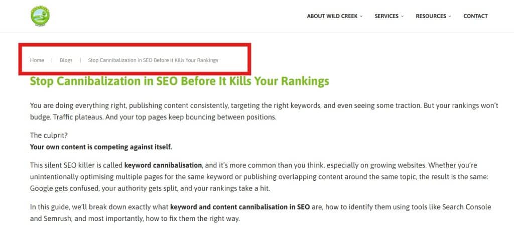 Screenshot showing bread crumb link