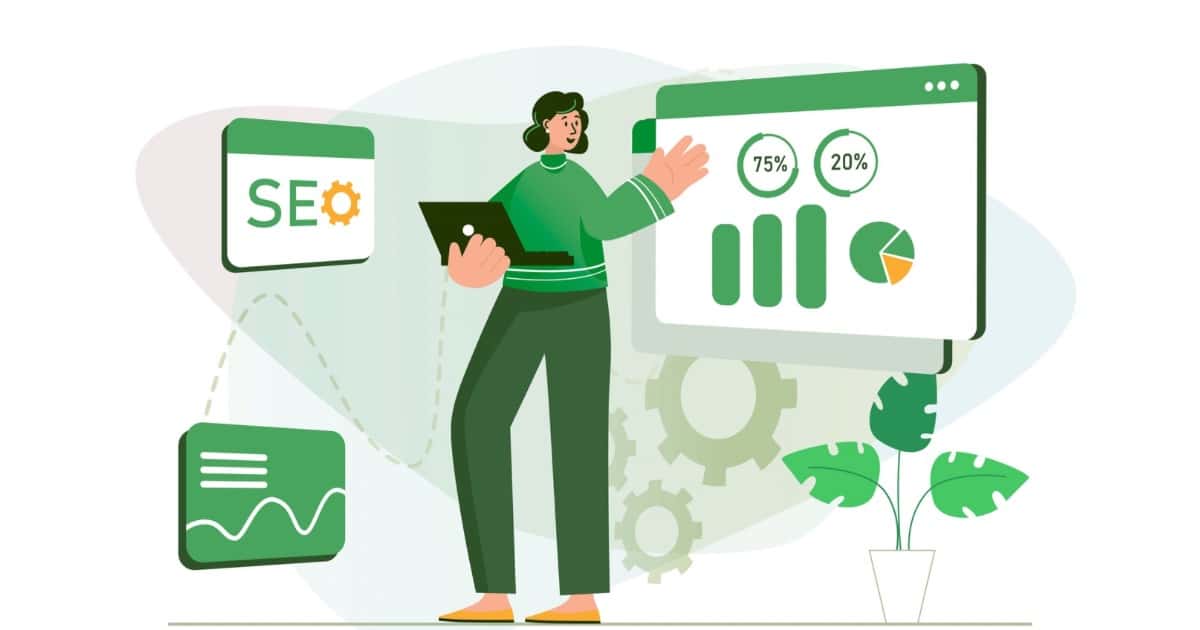 Illustration of a marketer analysing SEO performance using dashboards charts and analytics tools on a screen to track content and search optimisation results 