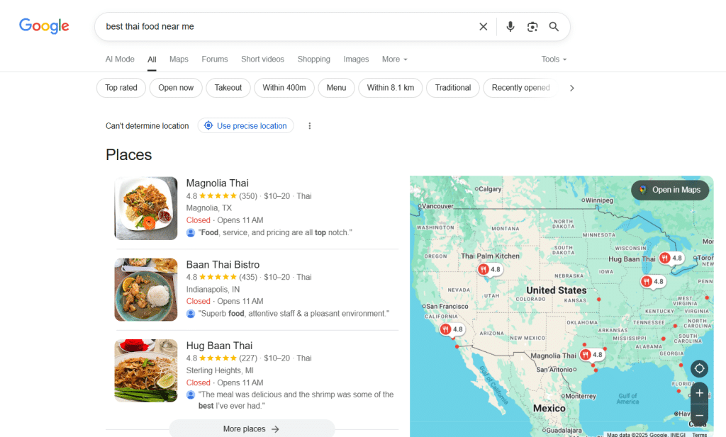 Screenshot of a location specific search