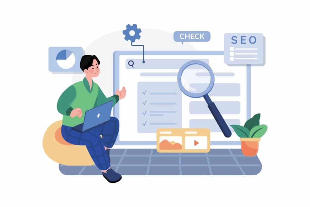 Visual representation of a technical SEO specialist conducting an auditVisualizing a comprehensive technical SEO audit with two individuals reviewing detailed performance
