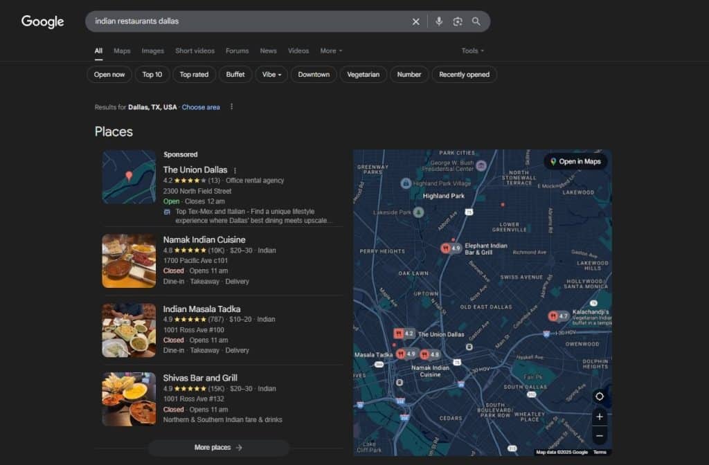 Screenshot of Google search for Indian restaurants in Dallas