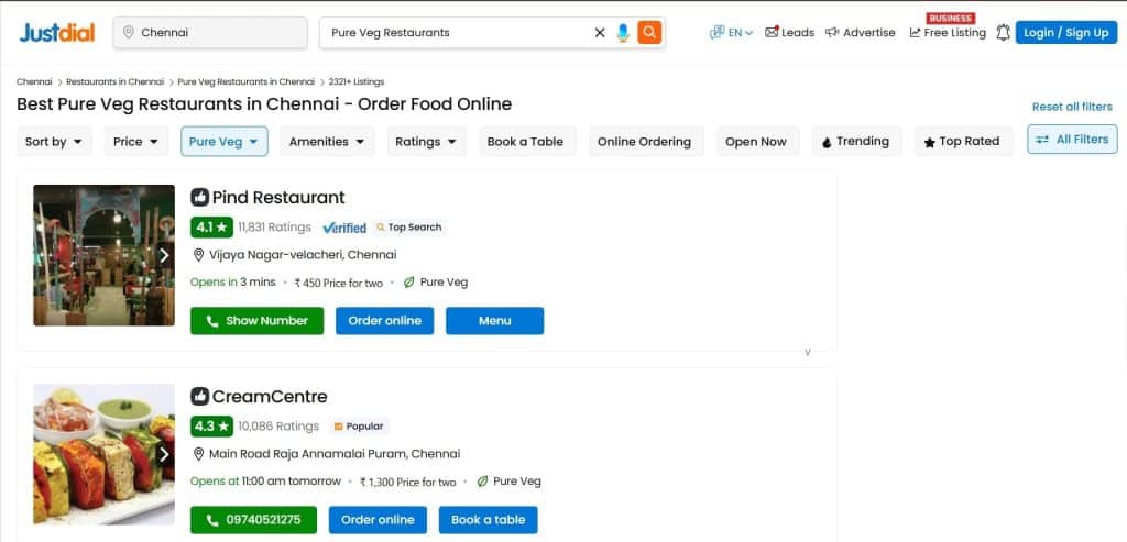 Screenshot of business listings on JustDial