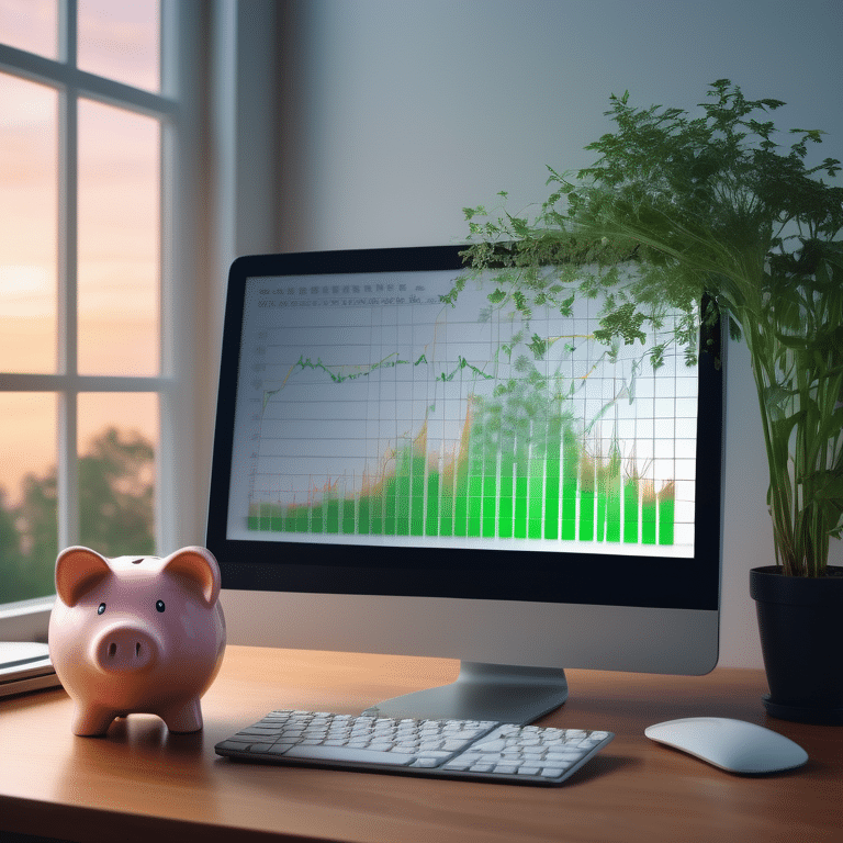 A glowing computer screen showing a positive graph trend beside a piggy bank, surrounded by plants.