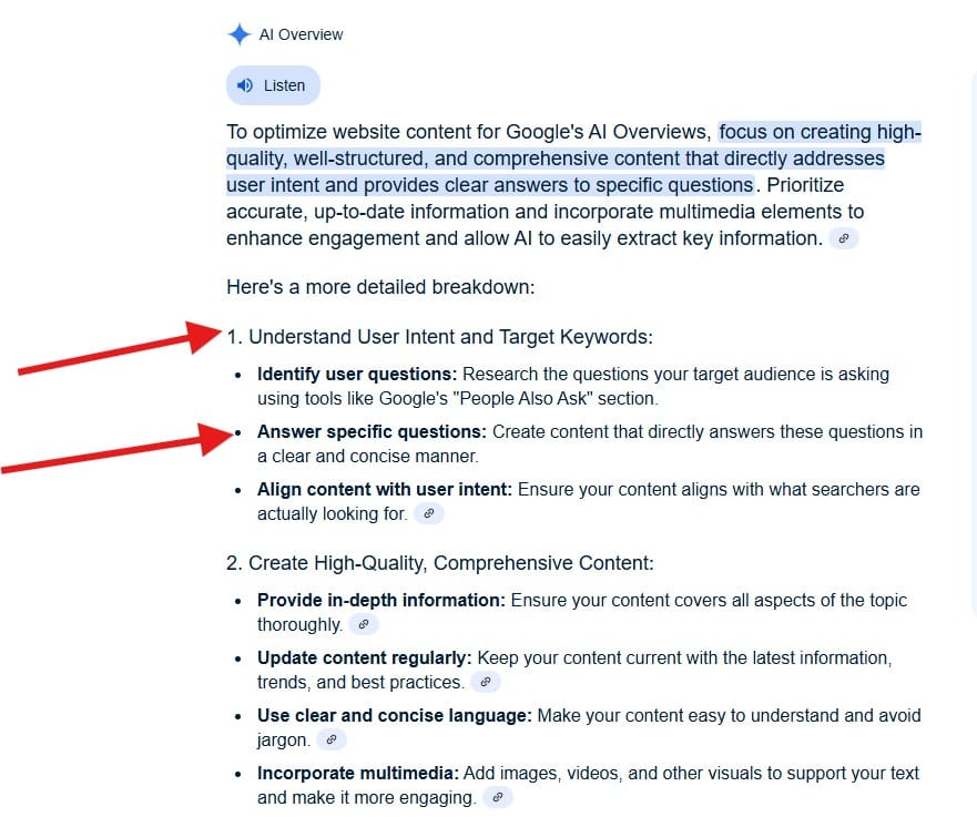 Headings and Bullet points in AI Overview