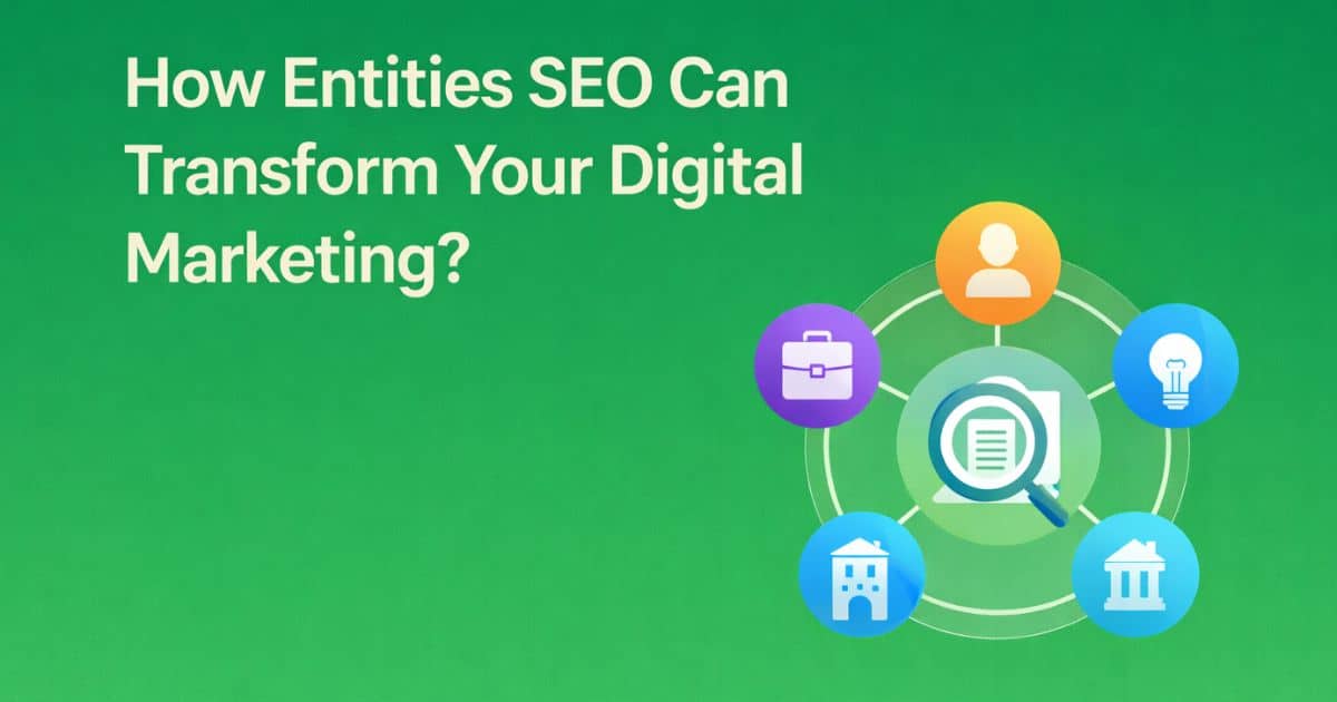 Entity based SEO illustration showing connected topics and digital marketing concepts