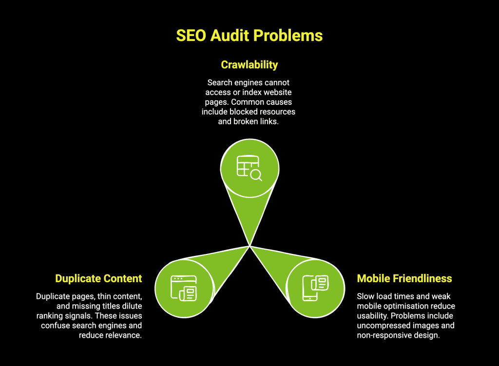 What Is an SEO Audit? Your First Step Toward Higher Google Rankings 6 Infographic on SEO audit problems