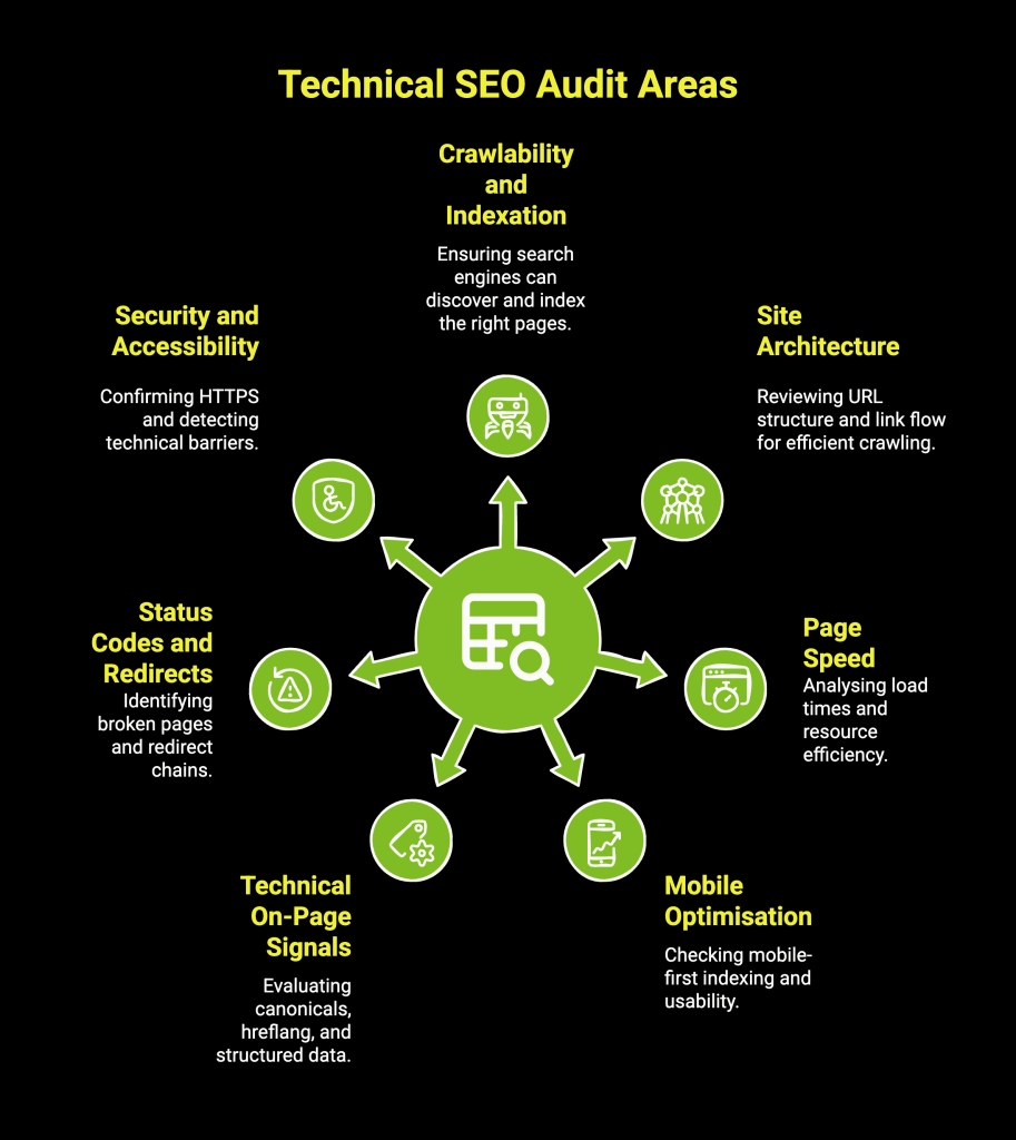 How To Perform a Technical SEO Audit? 2 Infographic on technical SEO audit areas