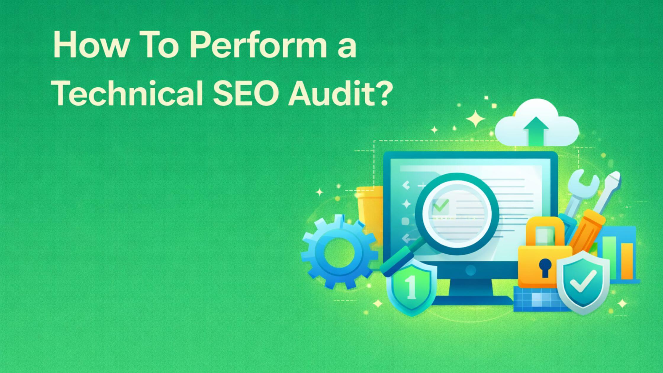 Technical SEO audit illustration with website analysis and optimization icons