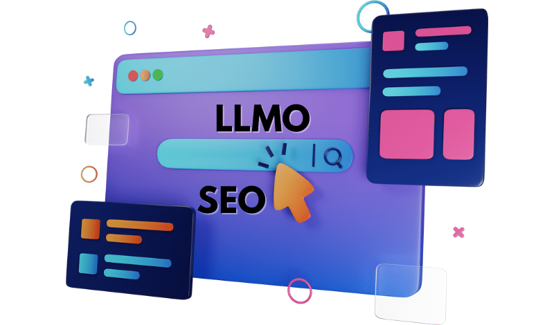 3D illustration of a search engine interface with the terms LLMO and SEO featuring colorful UI elements and a search cursor 