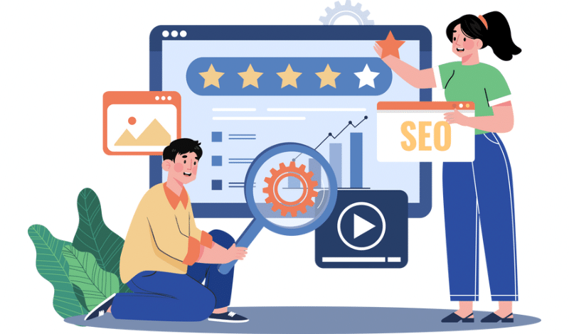 An Illustration of two people analysing SEO performance with charts ratings and a magnifying glass 