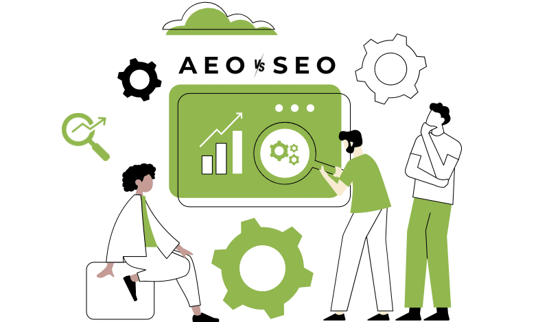 Illustration comparing AEO vs SEO with graphs gears and people analyzing data 