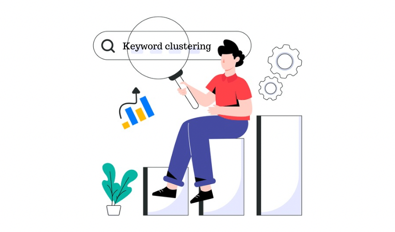 Illustration of a person analyzing keyword clustering with a magnifying glass and bar chart 