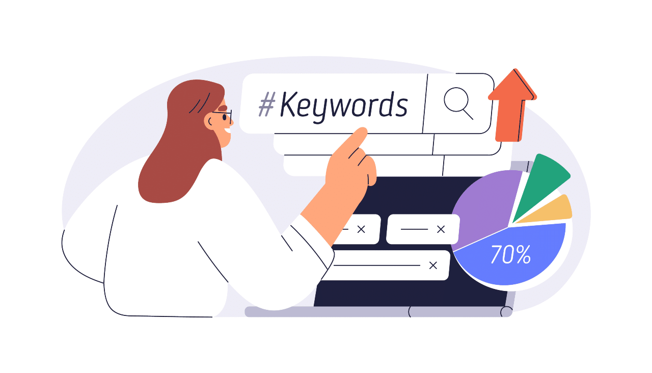 Illustration of a woman looking up keywords on a search engine