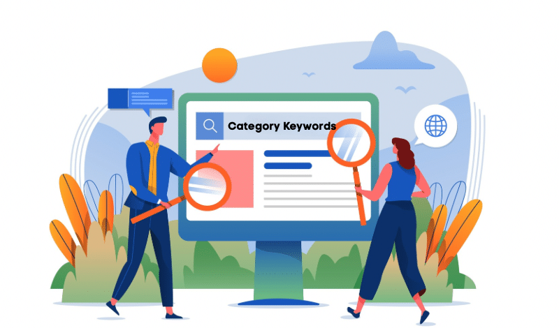 People analyzing category keywords on a large computer screen with magnifying glasses 