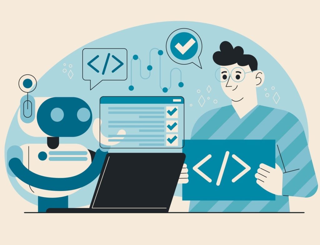 Hybrid SEO: How to Combine Human Insight and AI for Results 1 A man and a robot collaborate on a laptop sharing ideas and working together on a project