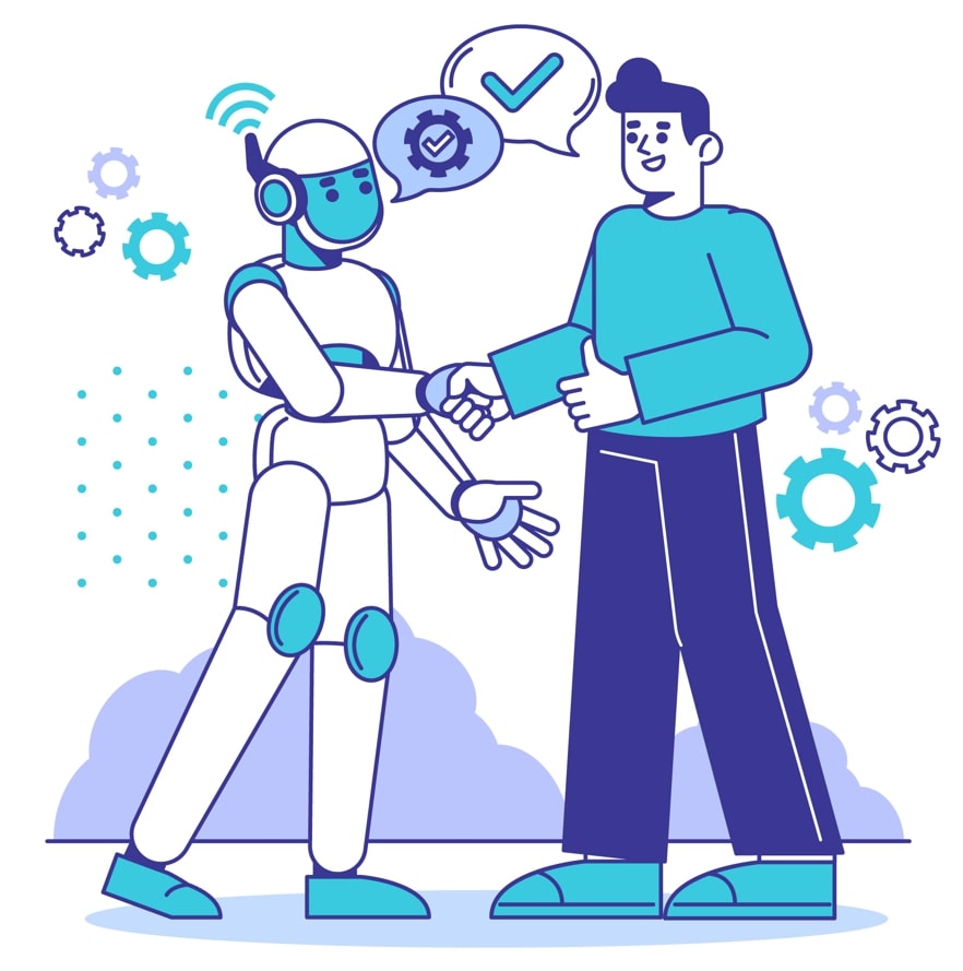 A robot and a man shaking hands symbolizing collaboration between technology and humanity 