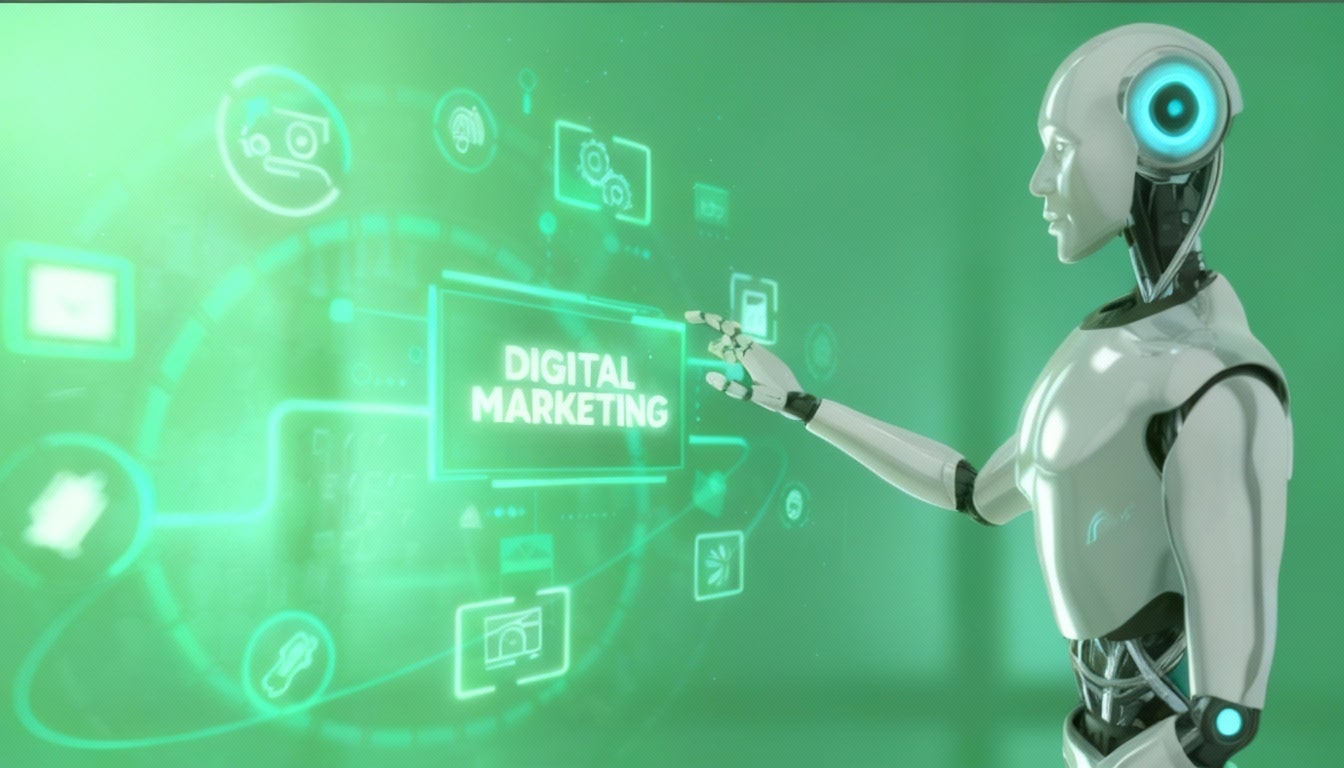 AI robot interacting with digital marketing interface 