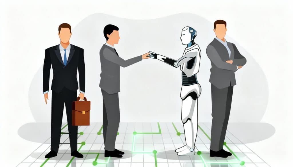 Business leaders collaborating with an AI robot to improve decision making 