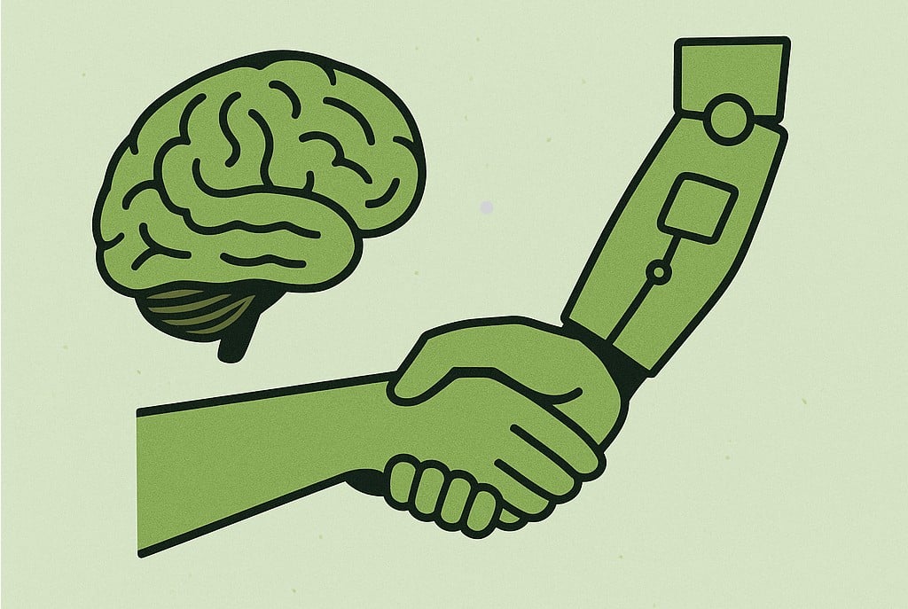AI vs Human Brain: Who Makes Better Decisions Today? 2 Illustration showing a human hand shaking a robot arm beside a brain