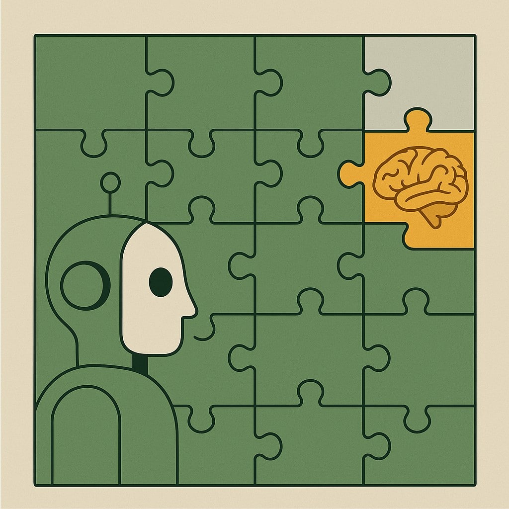 AI vs Human Brain: Who Makes Better Decisions Today? 4 Illustration showing a robot head in puzzle with brain completing final piece