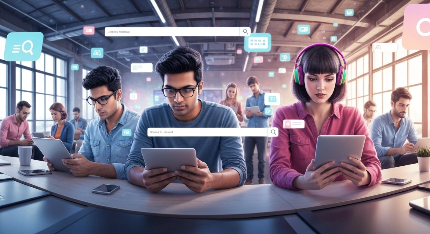 People using devices with search icons