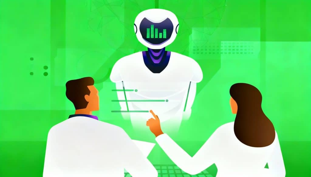 wo professionals discussing with an AI agent represented by a humanoid robot on a green background 