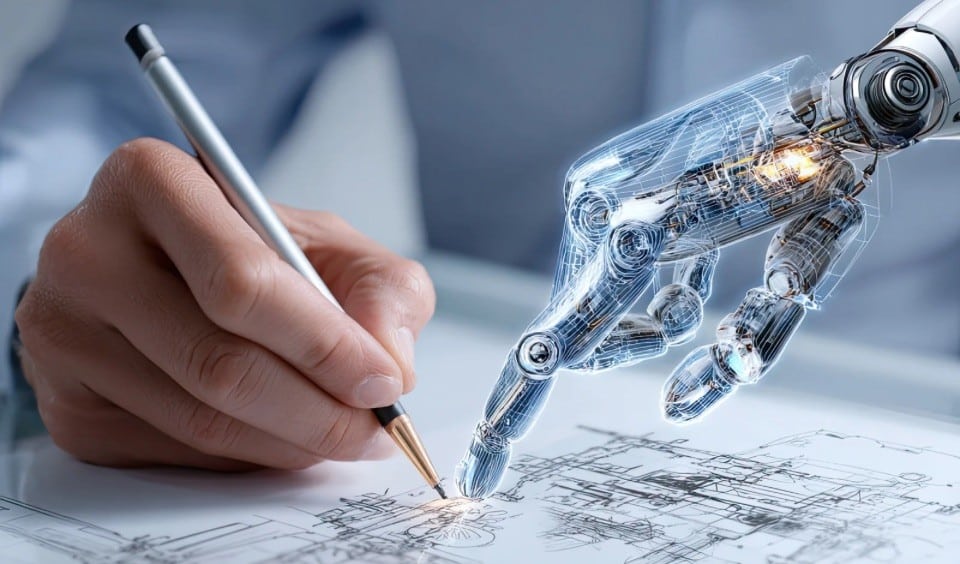 Human hand and robotic hand working together on a drawing collaboration between humans and AI