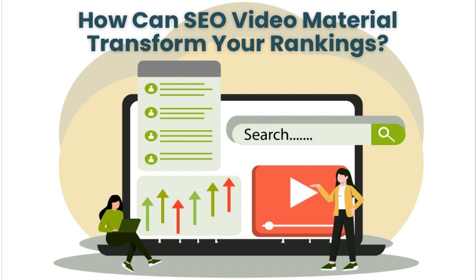 Illustration showing two people near a large laptop screen with search icons upward arrows and video elements