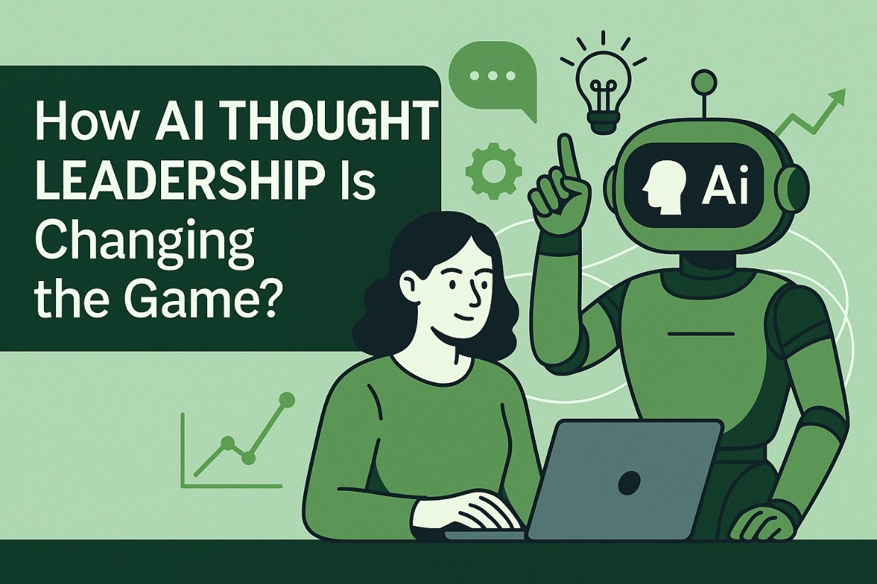 AI robot and human collaborating at a laptop with blog title