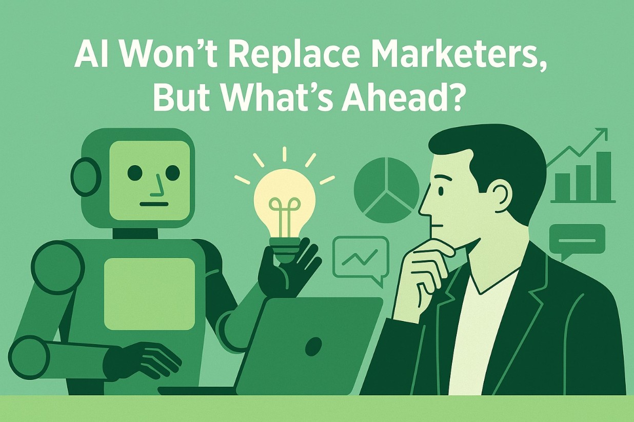 Banner illustration showing AI and human collaboration in marketing