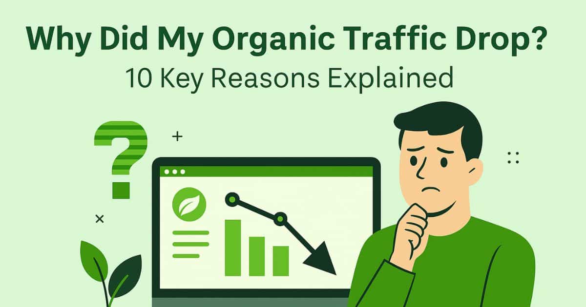 Illustration of a worried person looking at declining website traffic on a screen