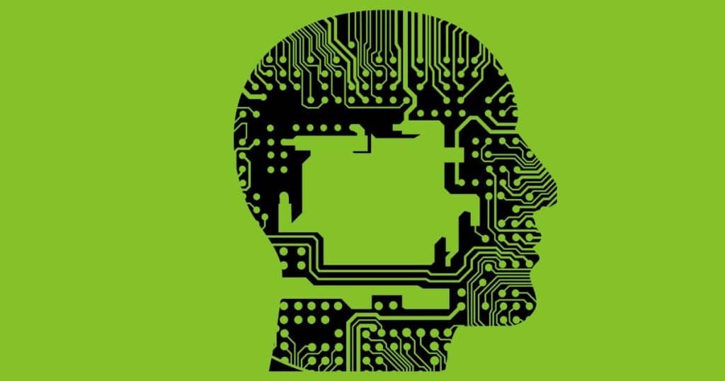 AI Won’t Replace Marketers, But What’s Ahead? 4 Robot head with AI chip and circuit lines
