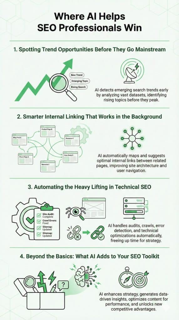 AI and Machine Learning in SEO: Invisible Engine, Modern Rankings 4 Infographic showcasing how AI helps in SEO