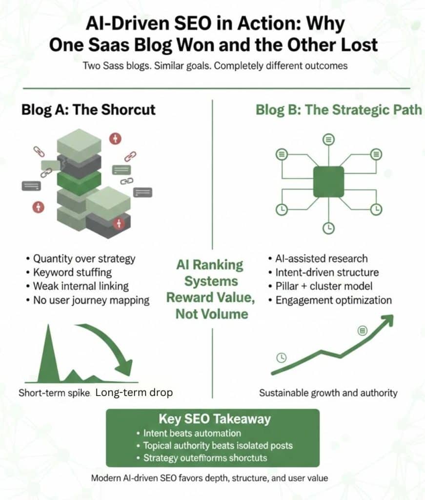 AI and Machine Learning in SEO: Invisible Engine, Modern Rankings 3 Infographic showcasing the difference between blog and blog b jpeg