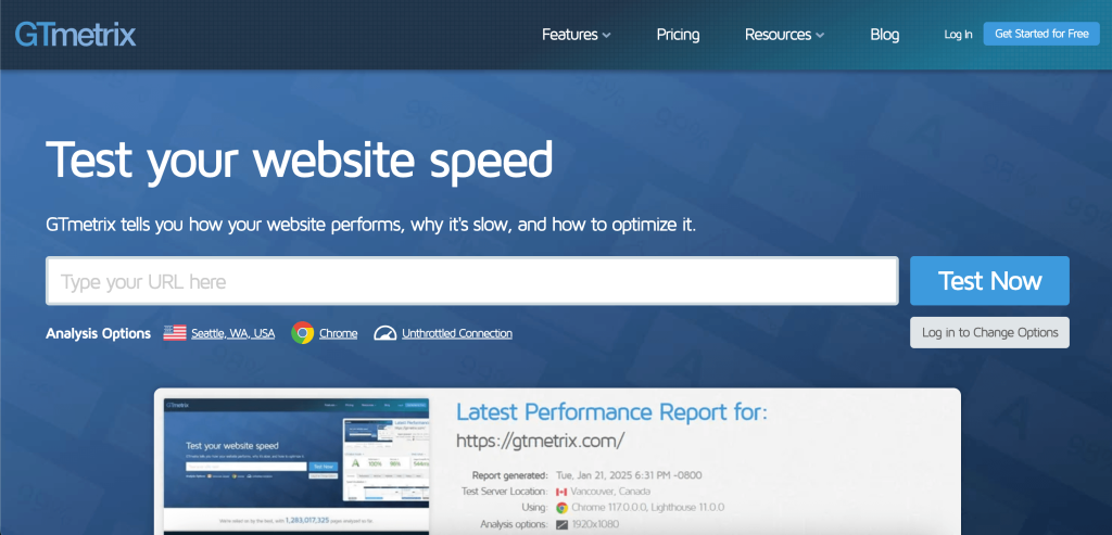 Screenshot of GTmetrix page