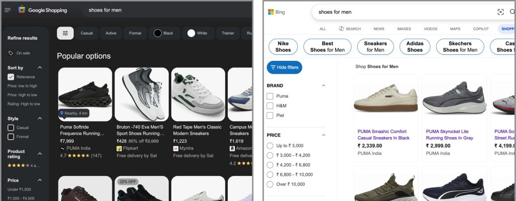 Shopping in Google vs Bing