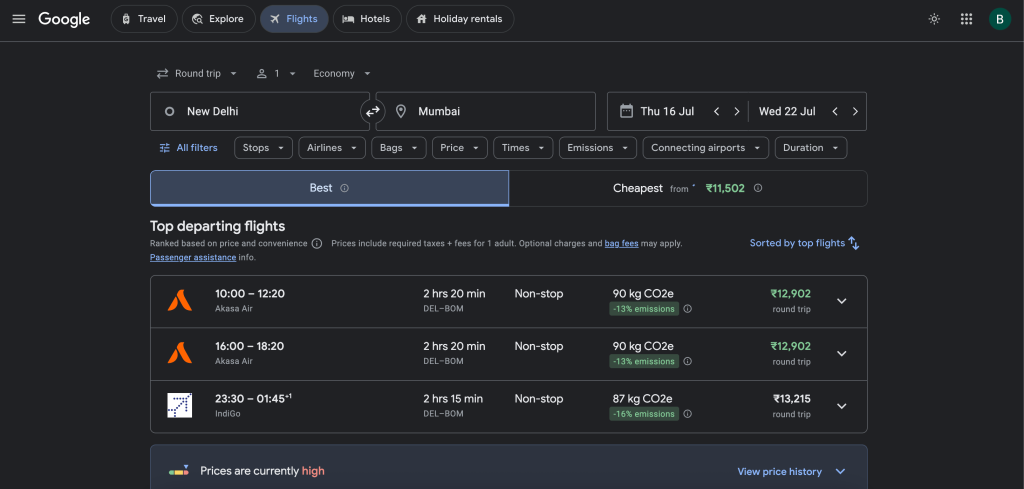 Travel page in Google