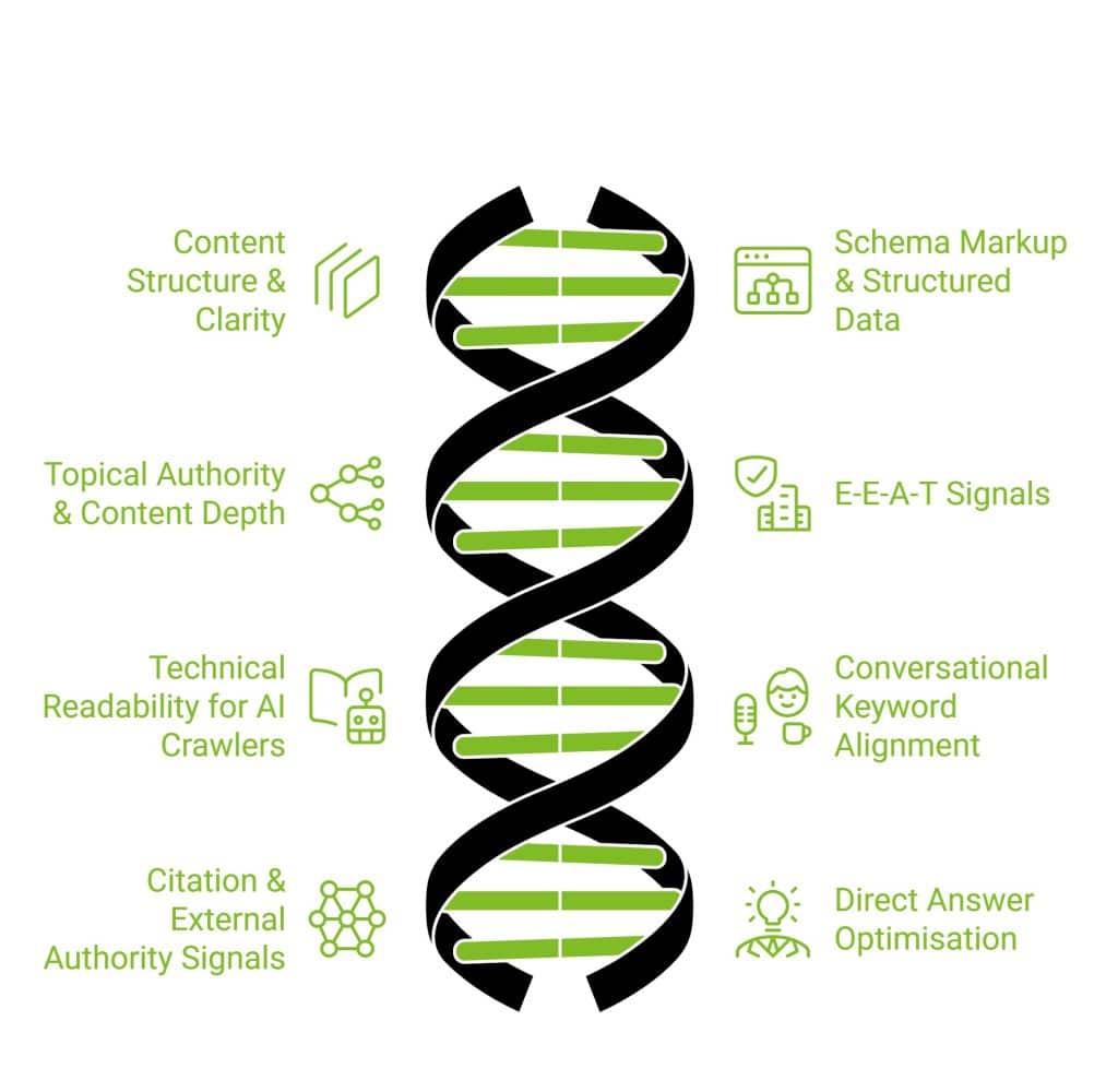 AEO Audit: Why Is Your Website Not Showing in AI Results? 3 Infographic of Core Elements of AI Search Visibility
