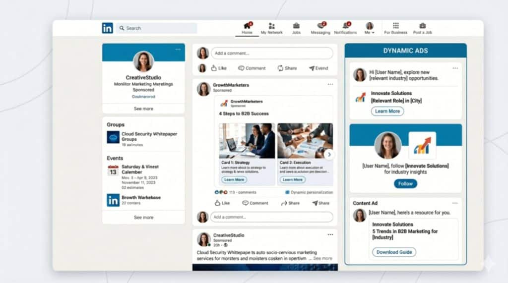 How Do LinkedIn Ads Work and Are They Worth It? 3 LinkedIn dynamic ads example showing personalised ads with user name profile data and follow or download call to action