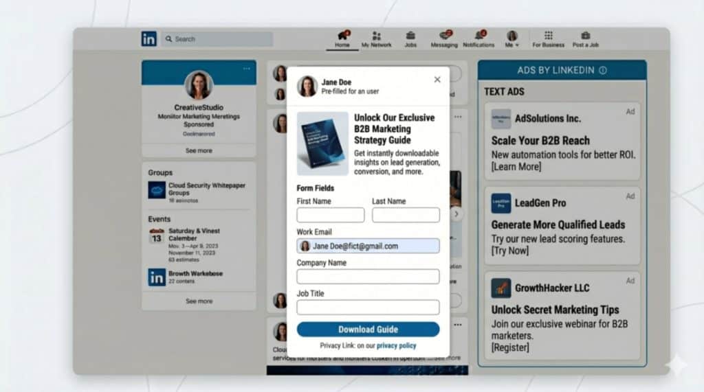 How Do LinkedIn Ads Work and Are They Worth It? 5 LinkedIn lead generation form example showing pre filled user details and in platform form submission for capturing leads