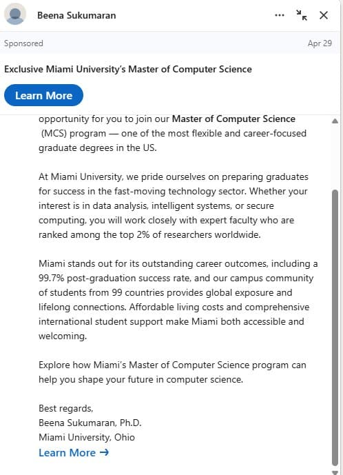 How Do LinkedIn Ads Work and Are They Worth It? 2 LinkedIn message ad promoting Miami University s Master of Computer Science program highlighting flexible curriculum global exp