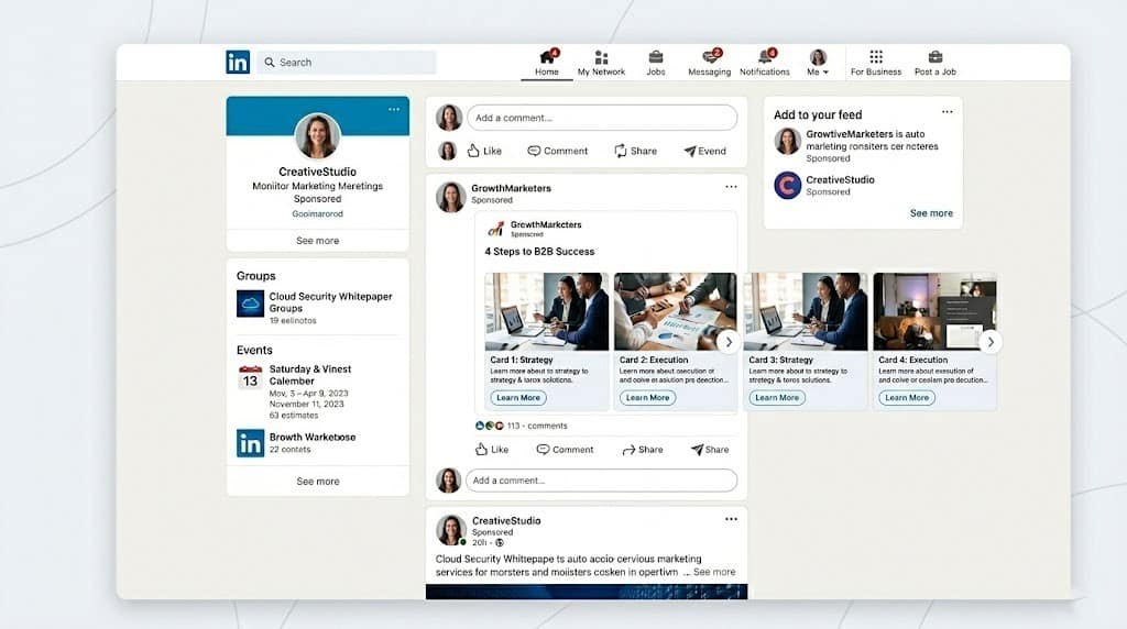 How Do LinkedIn Ads Work and Are They Worth It? 1 LinkedIn sponsored content example showing a feed ad with carousel cards promoting a B2B marketing campaign