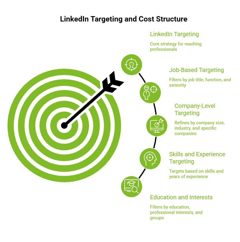 How Do LinkedIn Ads Work and Are They Worth It? 6 LinkedIn targeting process showing job based company level skills education and interest targeting for reaching professional