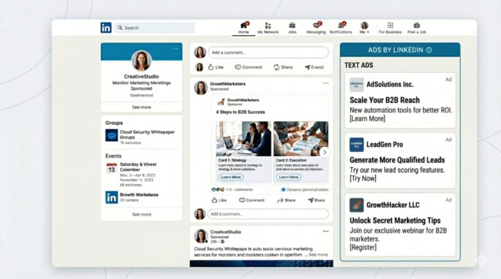 How Do LinkedIn Ads Work and Are They Worth It? 4 LinkedIn text ads example showing sidebar ad with short headline description and small image for website traffic campaigns
